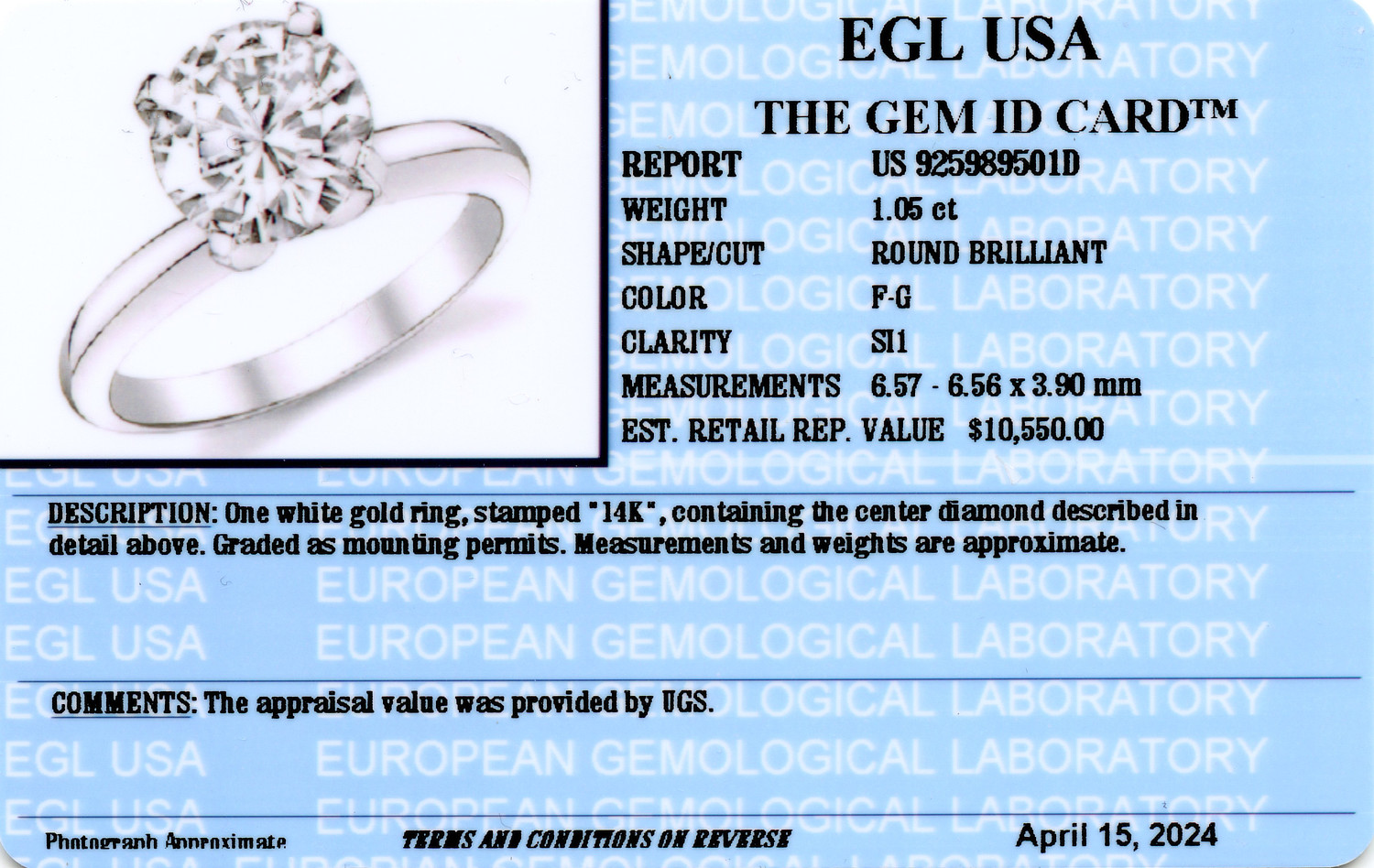 Gallery image of this Women’s 14k White Gold Diamond Bridal Ring EGL Cert.
