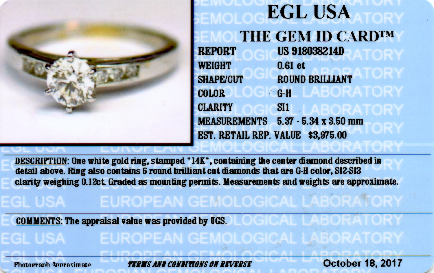 Gallery image of this Women’s 14k White Gold Diamond Bridal Ring EGL Cert
