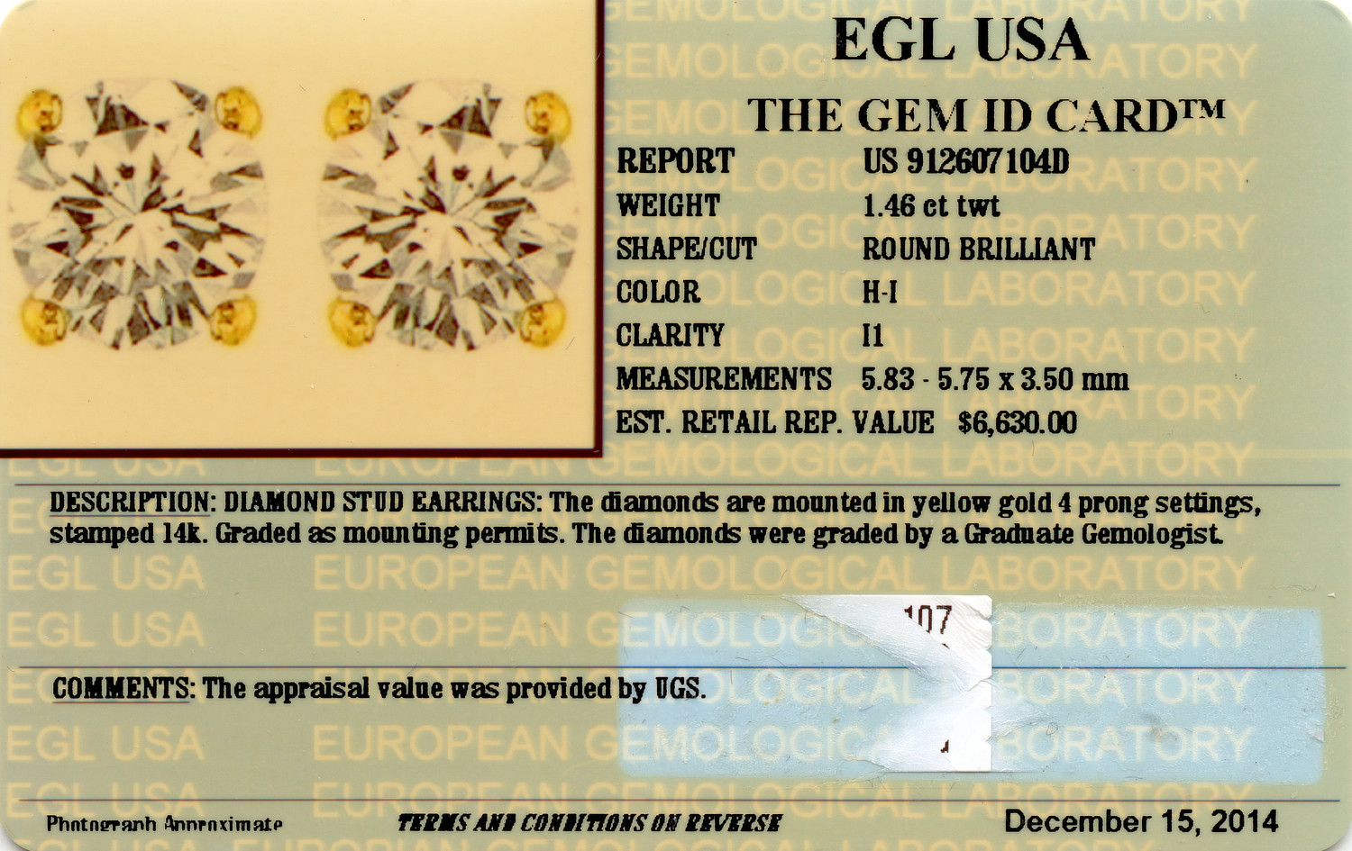 Gallery image of this Women’s 14k Yellow Gold Diamond Stud Earrings EGL Cert
