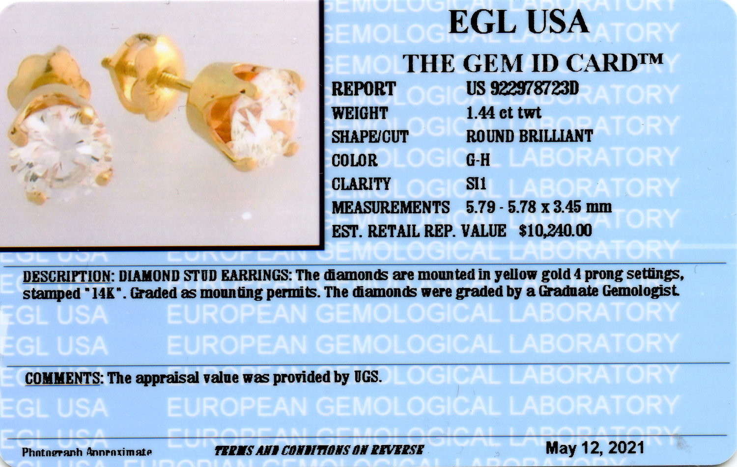 Gallery image of this Women’s 14k Yellow Gold Diamond Stud Earrings EGL Cert