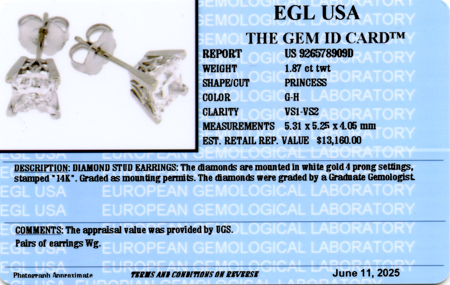 Gallery image of this Women’s 14k White Gold Diamond Stud Earrings EGL Cert