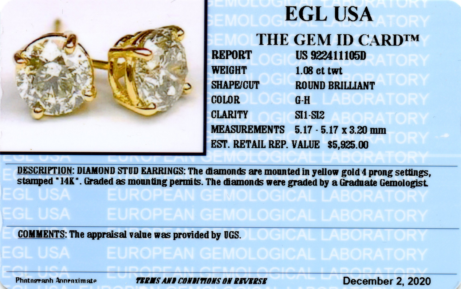 Gallery image of this Women’s 14k Yellow Gold Diamond Stud Earrings EGL Cert