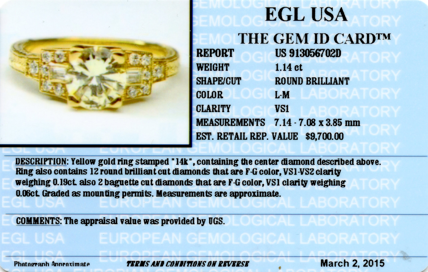 Gallery image of this Women’s 14k Yellow Gold Diamond Bridal Ring EGL Cert
