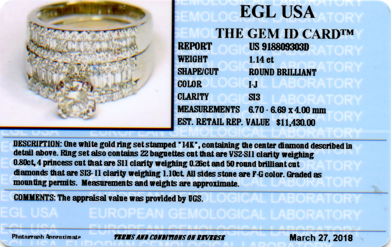 Gallery image of this Women’s 14k White Gold Diamond Bridal Ring Set EGL Cert
