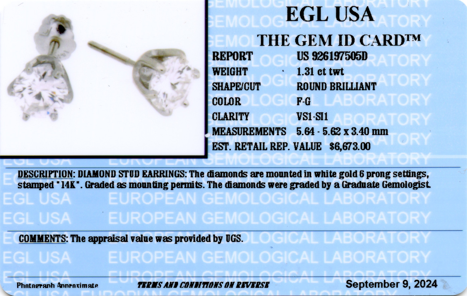 Gallery image of this Women’s 14k White Gold Diamond Stud Earrings EGL Cert