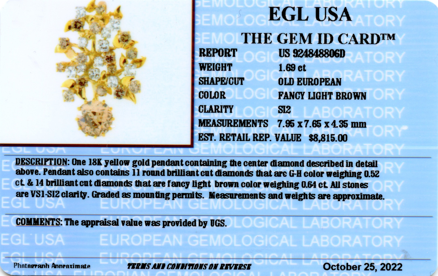 Gallery image of this Women’s 18k Yellow Gold Diamond Pendant EGL Cert
