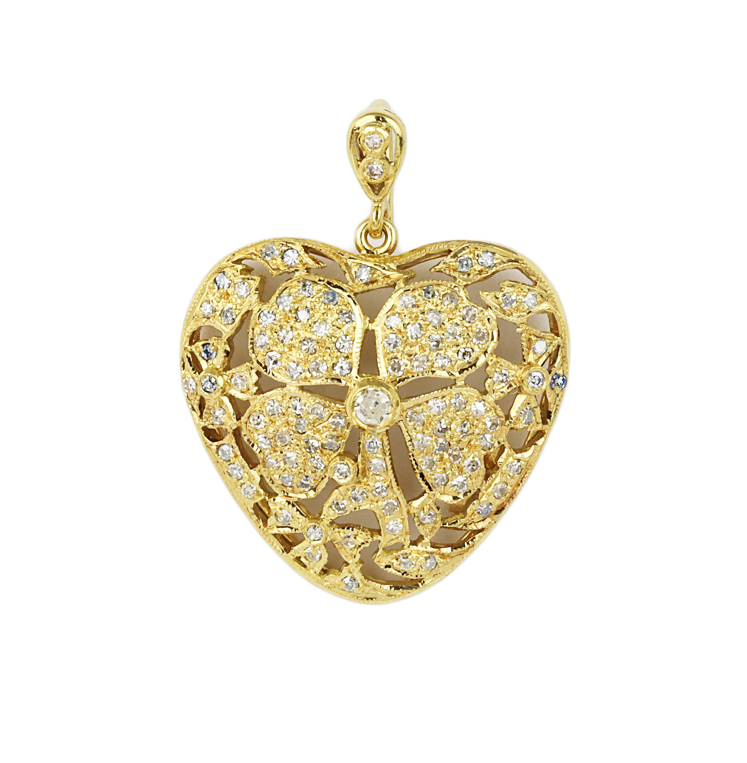 Featured image of this Women’s 18k Yellow Gold Diamond Heart & 4-Leaf Clover Pendant