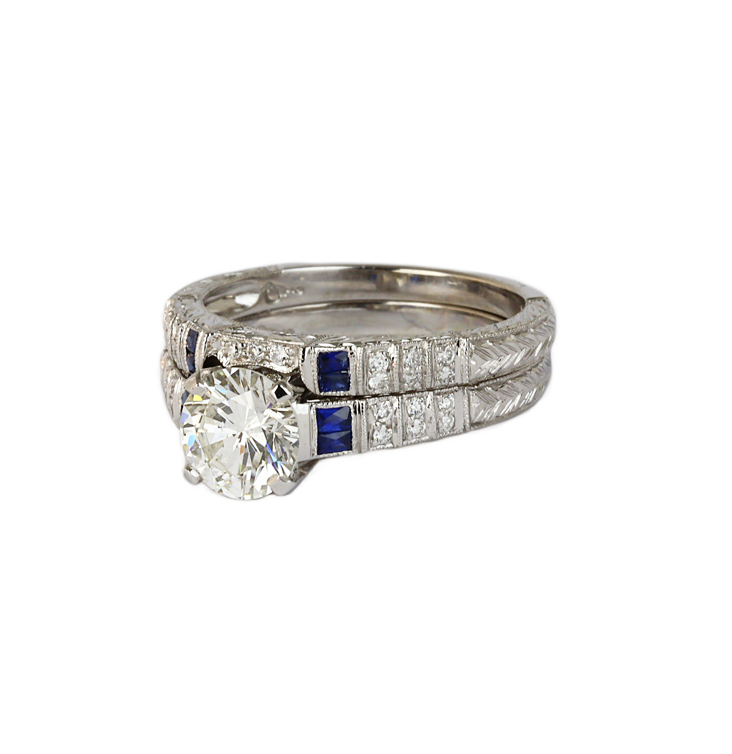 Gallery image of this Women’s 14k White Gold Diamond, Sapphire Bridal Ring Set EGL Cert
