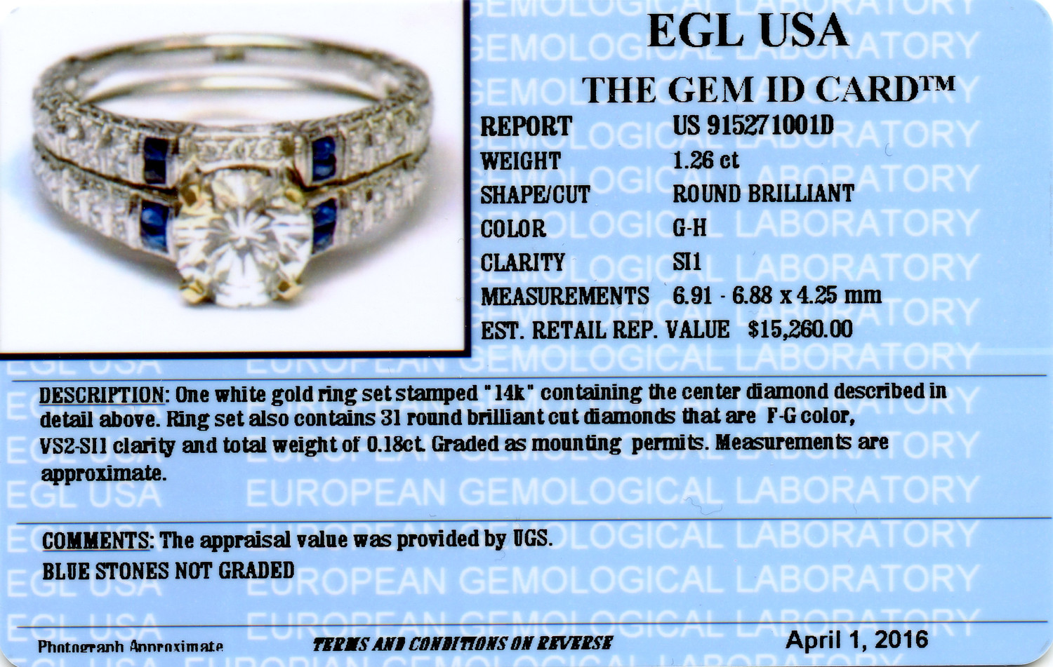Gallery image of this Women’s 14k White Gold Diamond, Sapphire Bridal Ring Set EGL Cert