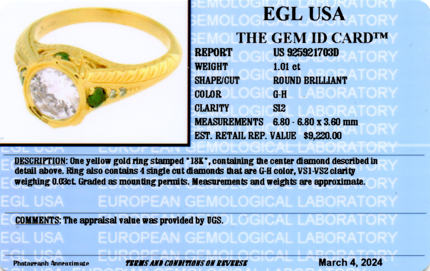 Gallery image of this Women’s 18k Yellow Gold Diamond Bridal Ring EGL Cert