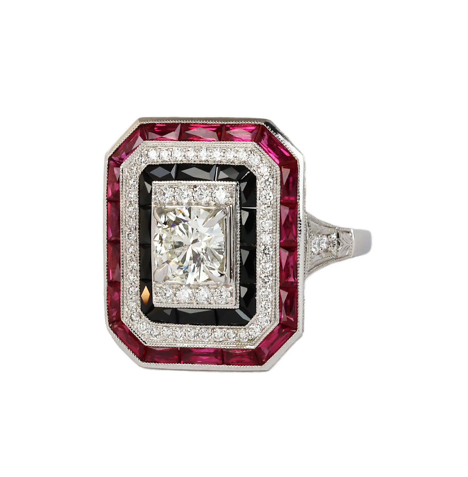 Gallery image of this Women’s 14k White Gold Diamond, Onyx, Ruby Ring EGL Cert