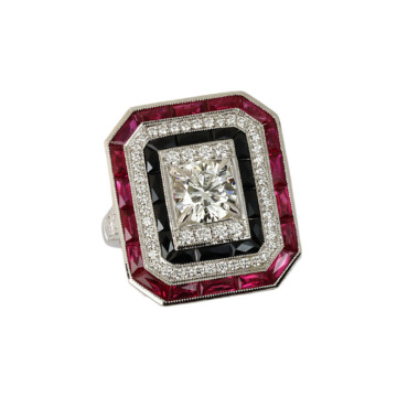 Featured image of this Women’s 14k White Gold Diamond, Onyx, Ruby Ring EGL Cert