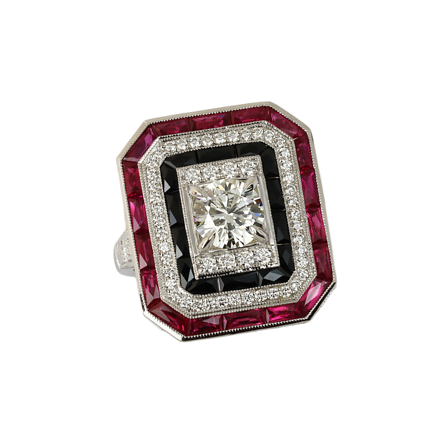 Featured image of this Women’s 14k White Gold Diamond, Onyx, Ruby Ring EGL Cert