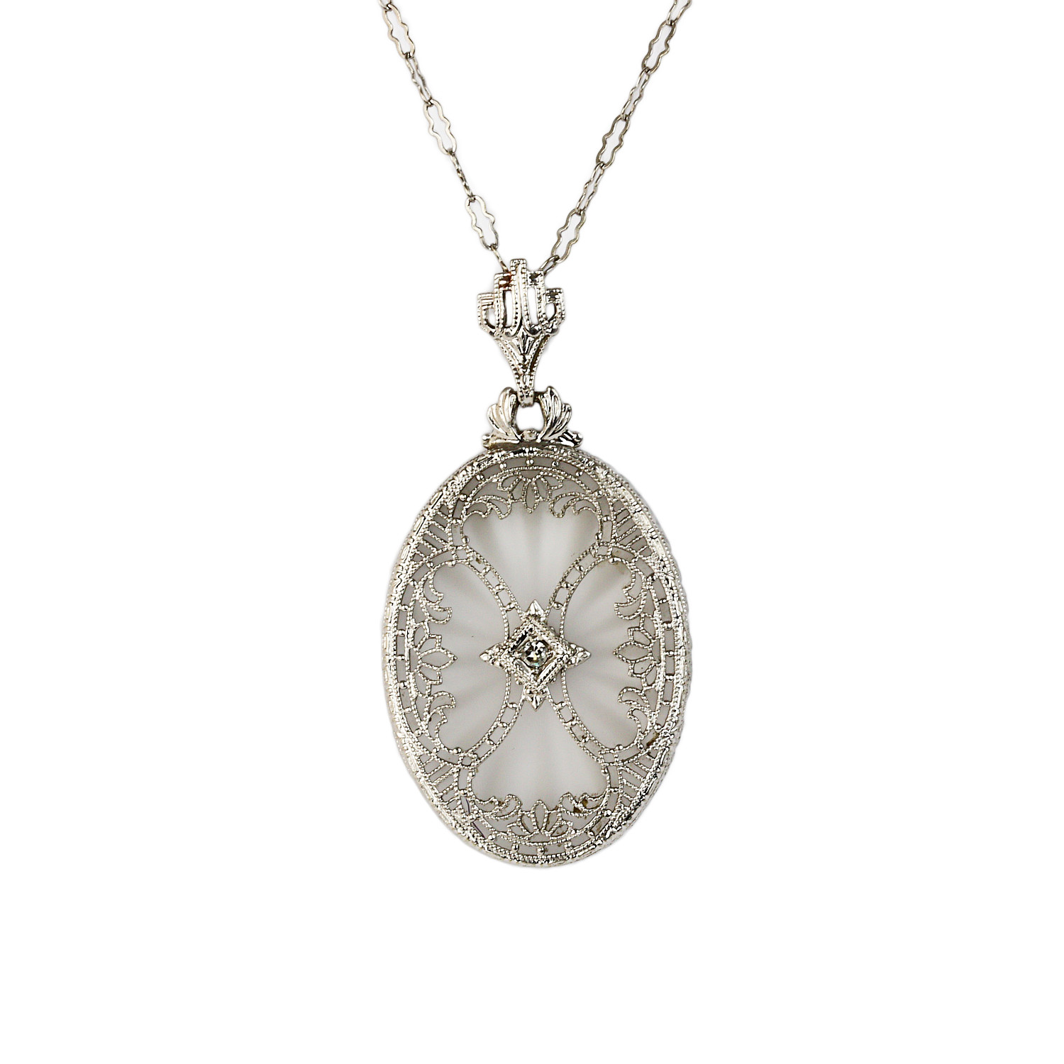 Featured image of this Women’s Art Deco 14k White Gold, Camphor Glass, Diamond Necklace