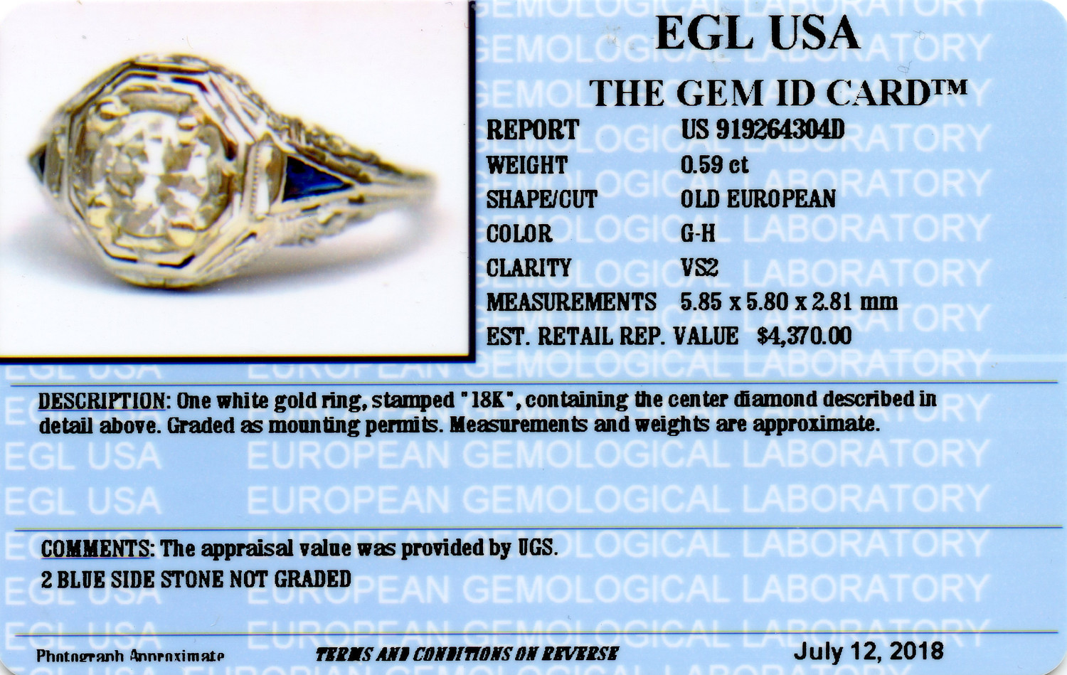 Gallery image of this Women’s 18k White Gold Diamond, Sapphire Ring EGL Cert