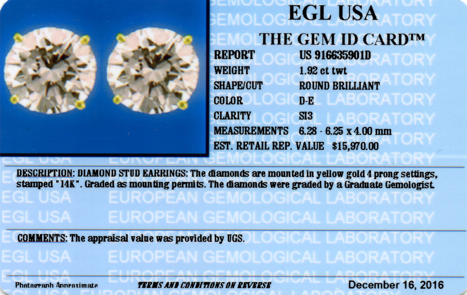 Gallery image of this Women’s 14k Yellow Gold Diamond Stud Earrings EGL Cert