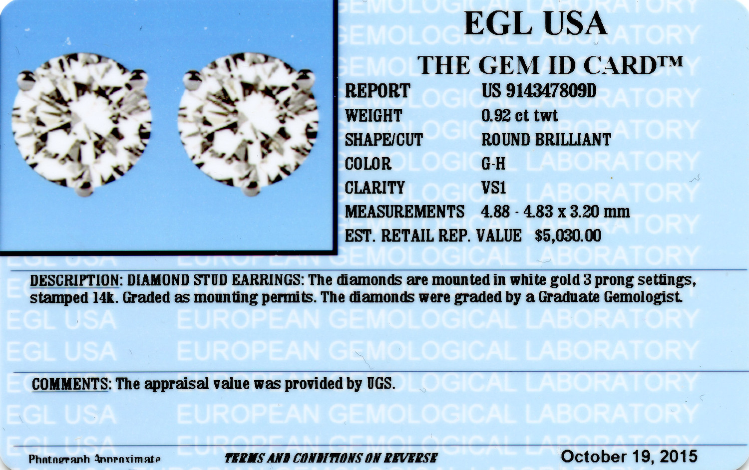 Gallery image of this Women’s 14k White Gold Diamond Stud Earrings EGL Cert