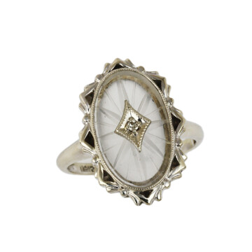 Featured image of this Women’s Vintage 14k White Gold Diamond, Camphor Glass Ring Size 6.5