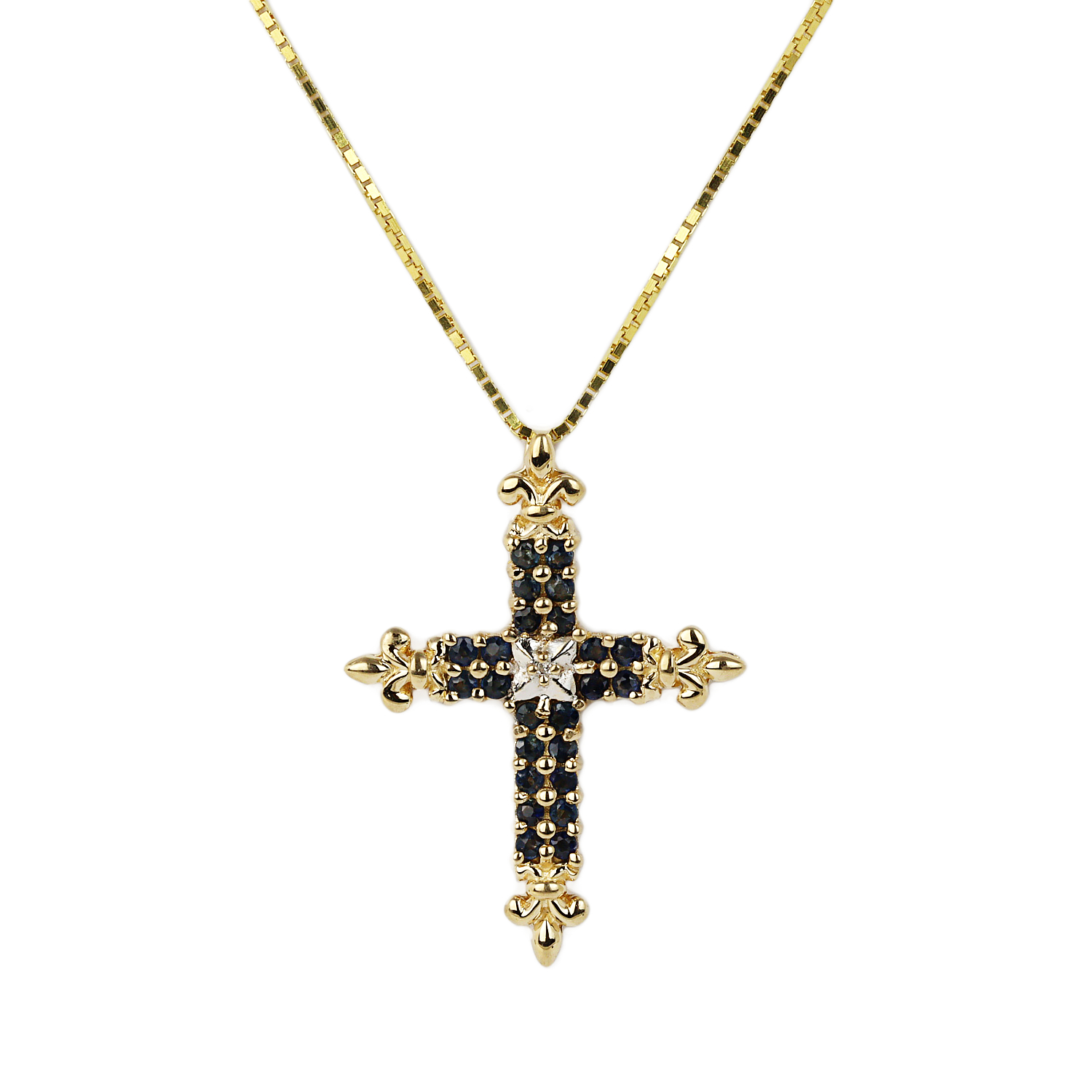Featured image of this Women’s 14k Yellow Gold, Diamond, Sapphire Cross Necklace