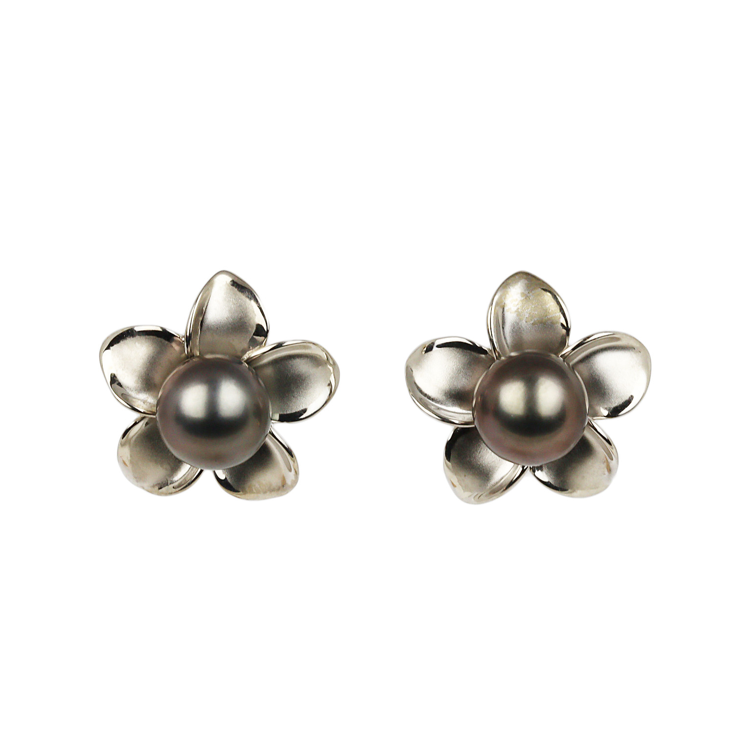 Featured image of this Women’s 14k White Gold, Black Pearl Flower Stud Earrings