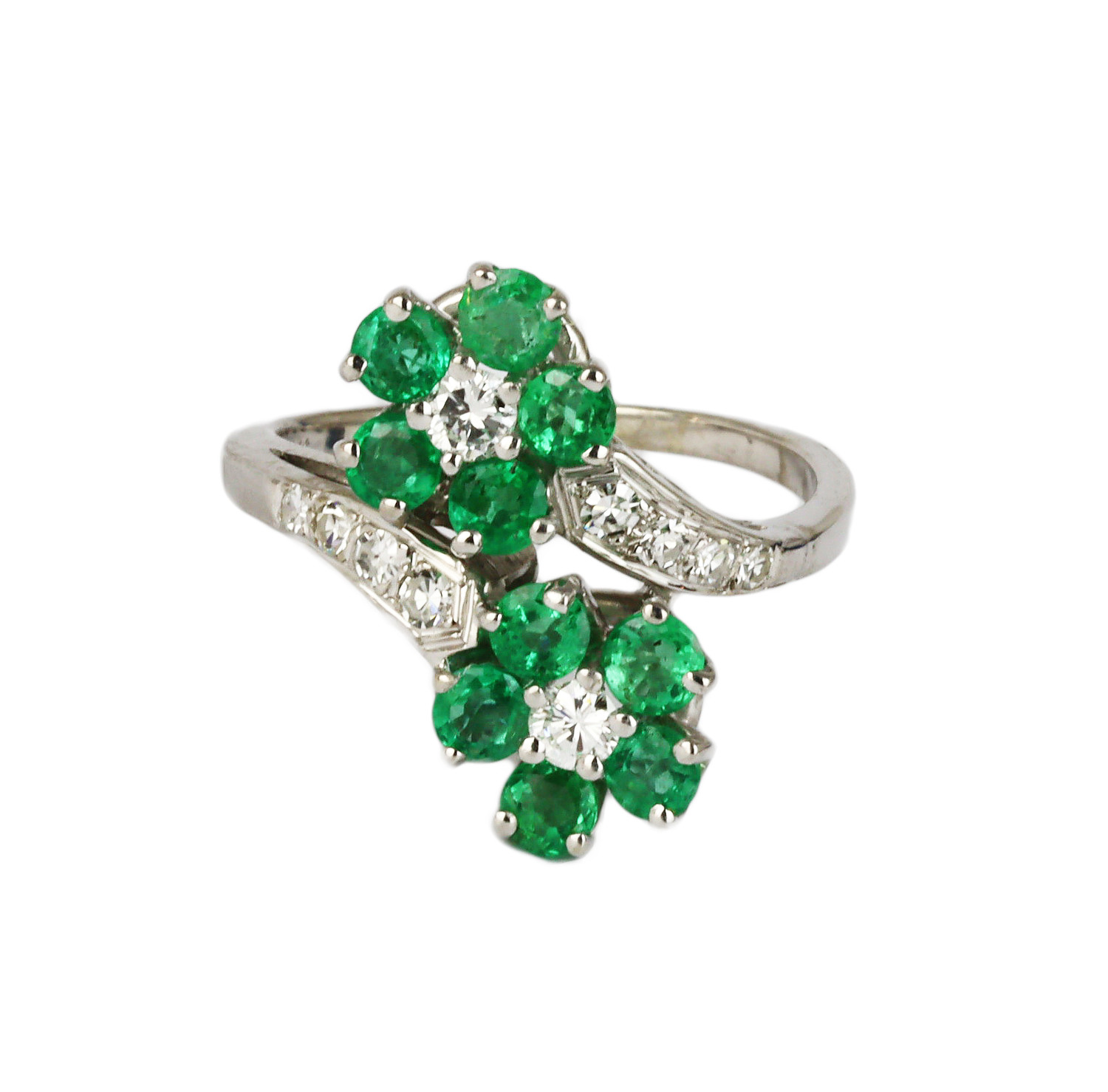 Gallery image of this Women’s 14k White Gold, Diamond, Emerald Flower Ring Size 4.75