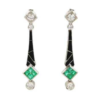 Featured image of this Women’s Platinum, Diamond, Emerald, Onyx Dangle Earrings