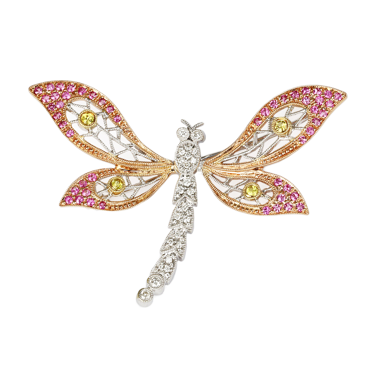 Featured image of this Women’s 14k White Gold, Diamond, Sapphire Dragonfly Brooch