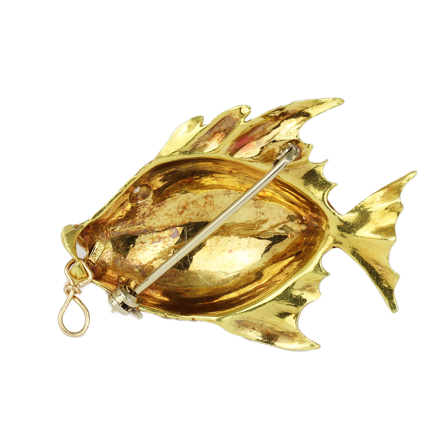 Gallery image of this Women’s 18k Yellow Gold Diamond, Enamel Fish Brooch