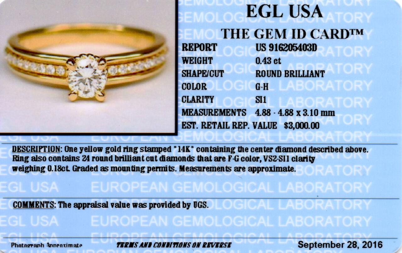 Gallery image of this Women’s 14k Yellow Gold Diamond Bridal Ring Size 6.75 EGL Cert