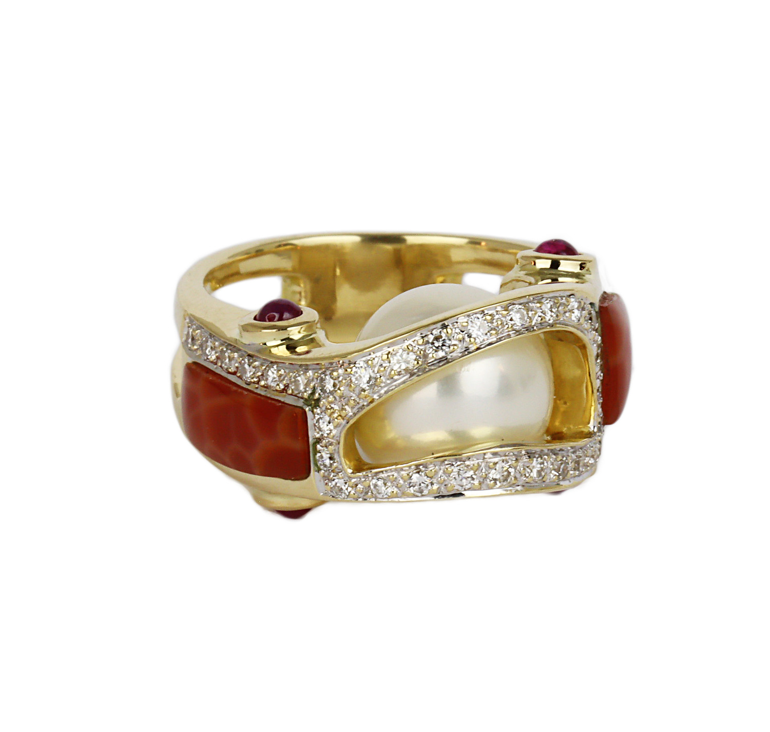 Gallery image of this Women’s 18k Yellow Gold, Diamond, Pearl, Sapphire Ring Size 5.75