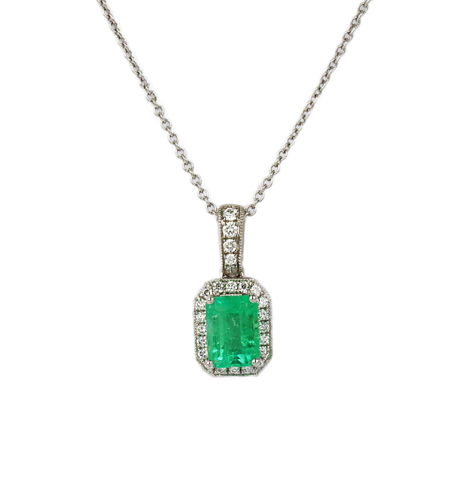 Featured image of this Women’s 14k White Gold, Diamond, Emerald Necklace