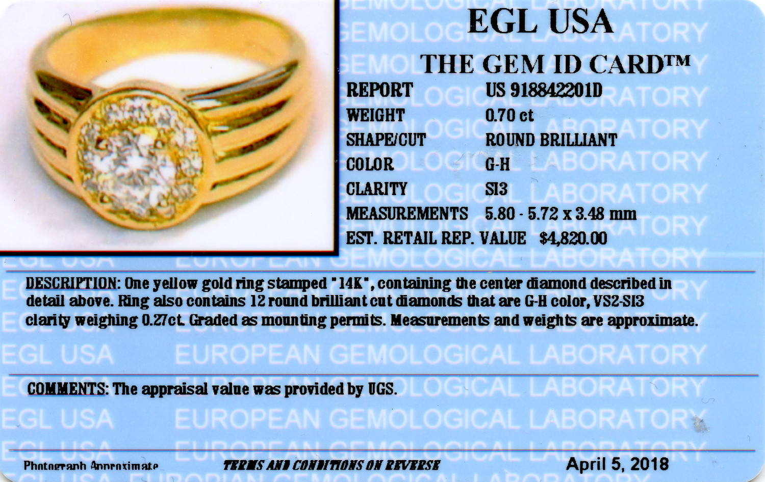 Gallery image of this Women’s 14k Yellow Gold Ring Size 6.25 EGL Cert