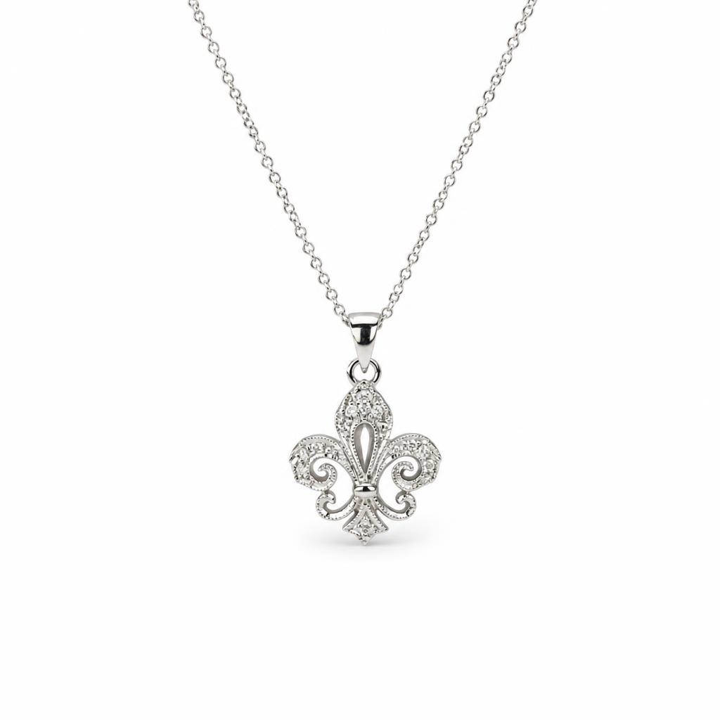 Featured image of this Women’s 14k White Gold Diamond Fleur De Lis Necklace