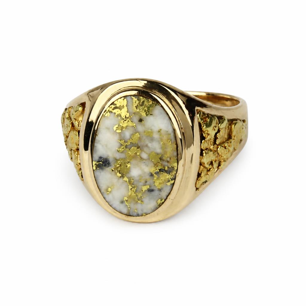 Gallery image of this Men’s Custom 14k Yellow Gold, Natural Nugget, Gold in Quartz Ring Size 9.75