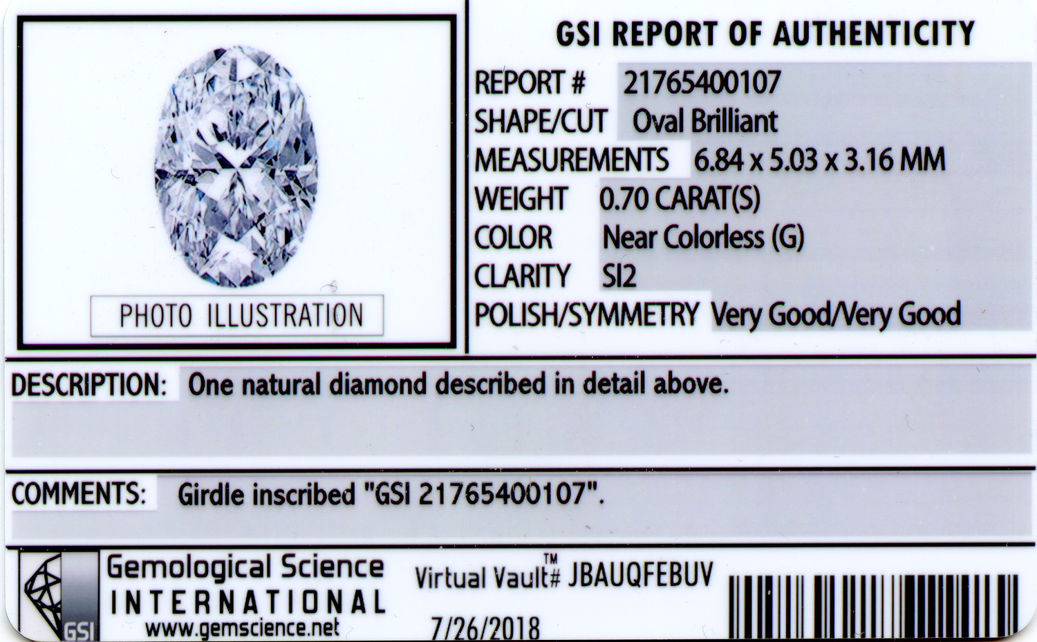 Gallery image of this Women’s 14k White Gold Ring GSI Certified with 0.70ct Oval Diamond G/SI2 Size 8.5