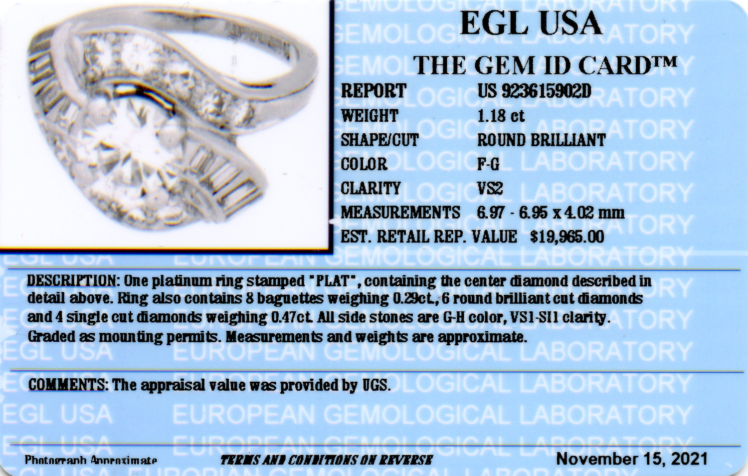 Gallery image of this Women’s Platinum Ring EGL Certified with 1.18ct Round Diamond G/VS2 Size 5