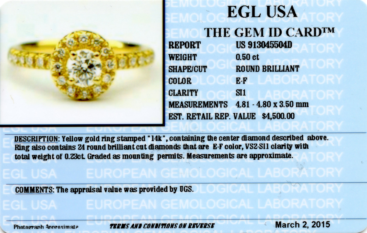 Gallery image of this Women’s 14k Yellow Gold Bridal Ring EGL Certified with 0.50ct Round Brilliant Cut Diamond E/SI1 Size 6