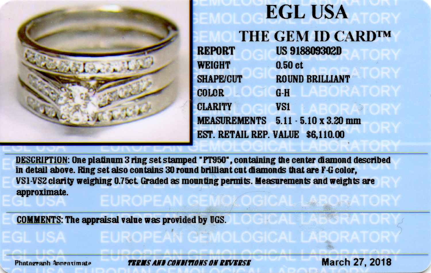 Gallery image of this Women’s Platinum Bridal Ring Set EGL Certified with 0.50ct Round Brilliant Cut Diamond G/VS1 Size 8.5