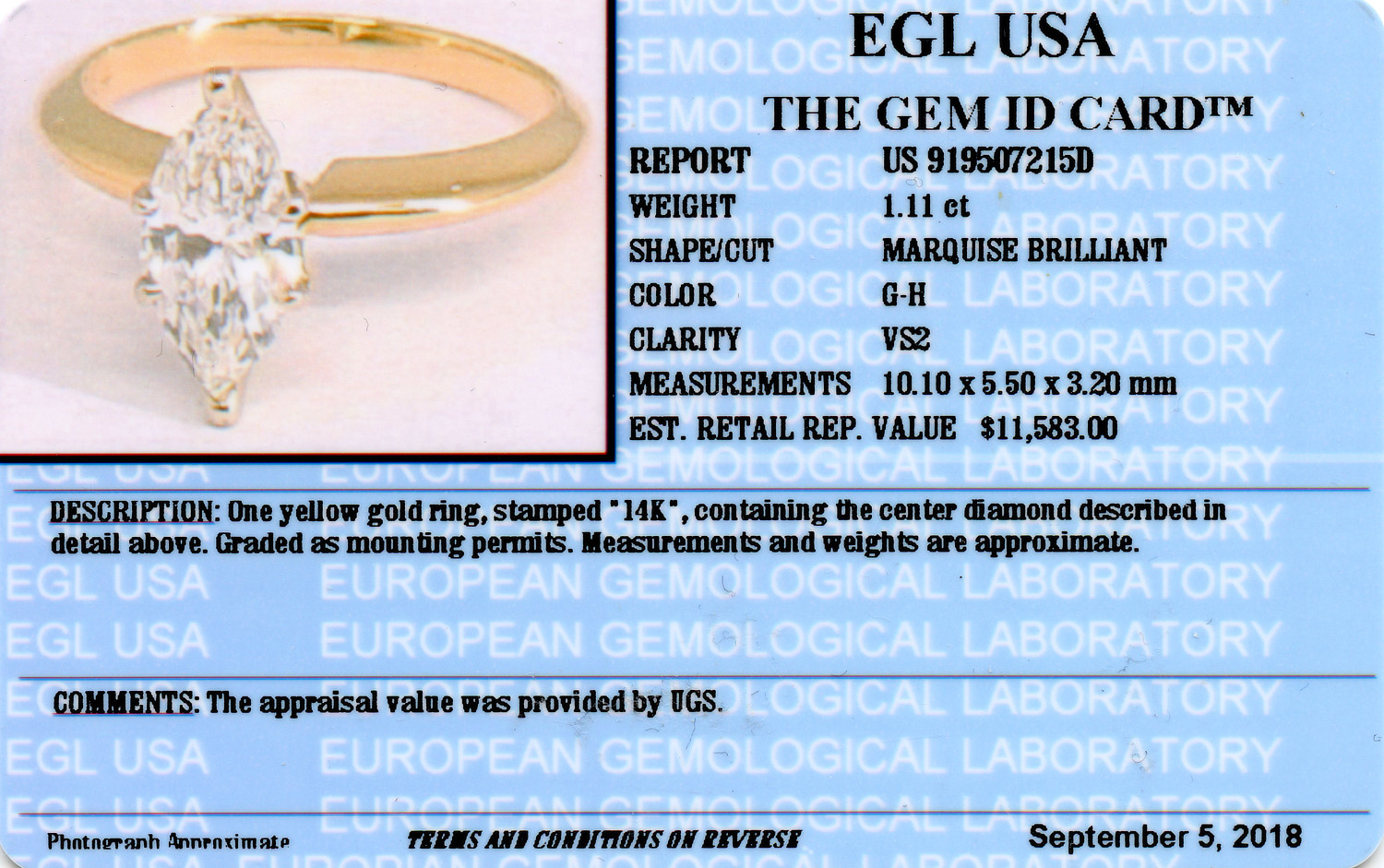 Gallery image of this Women’s 14k Yellow Gold Bridal Ring EGL Certified with 1.11ct Marquise Diamond G/VS2 Size 5