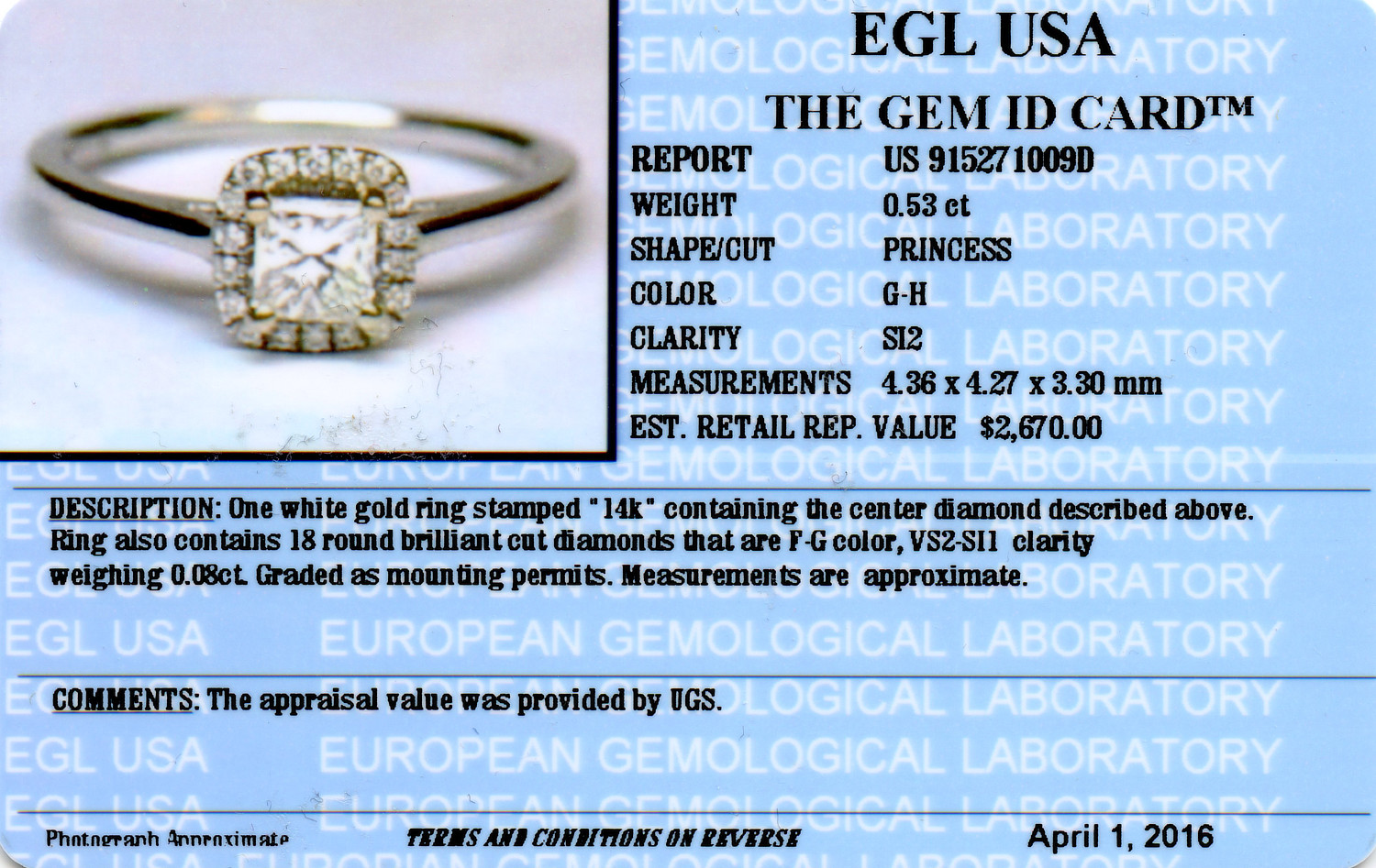 Gallery image of this Women’s 14k White Gold Bridal Ring EGL Certified with 0.53ct Princess Diamond G/SI2 Size 7