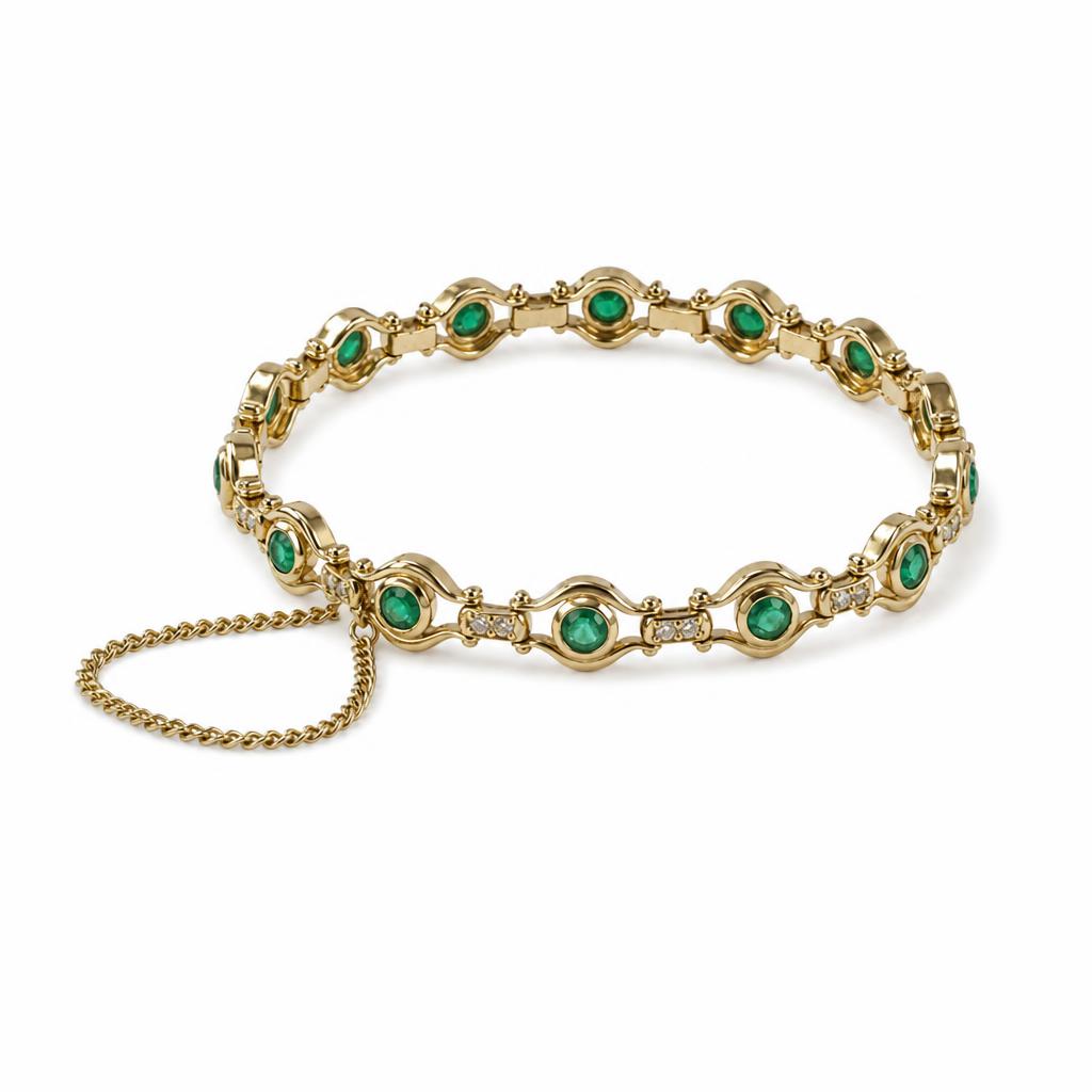 Gallery image of this Women’s 14k Yellow Gold Diamond, Emerald Link Bracelet