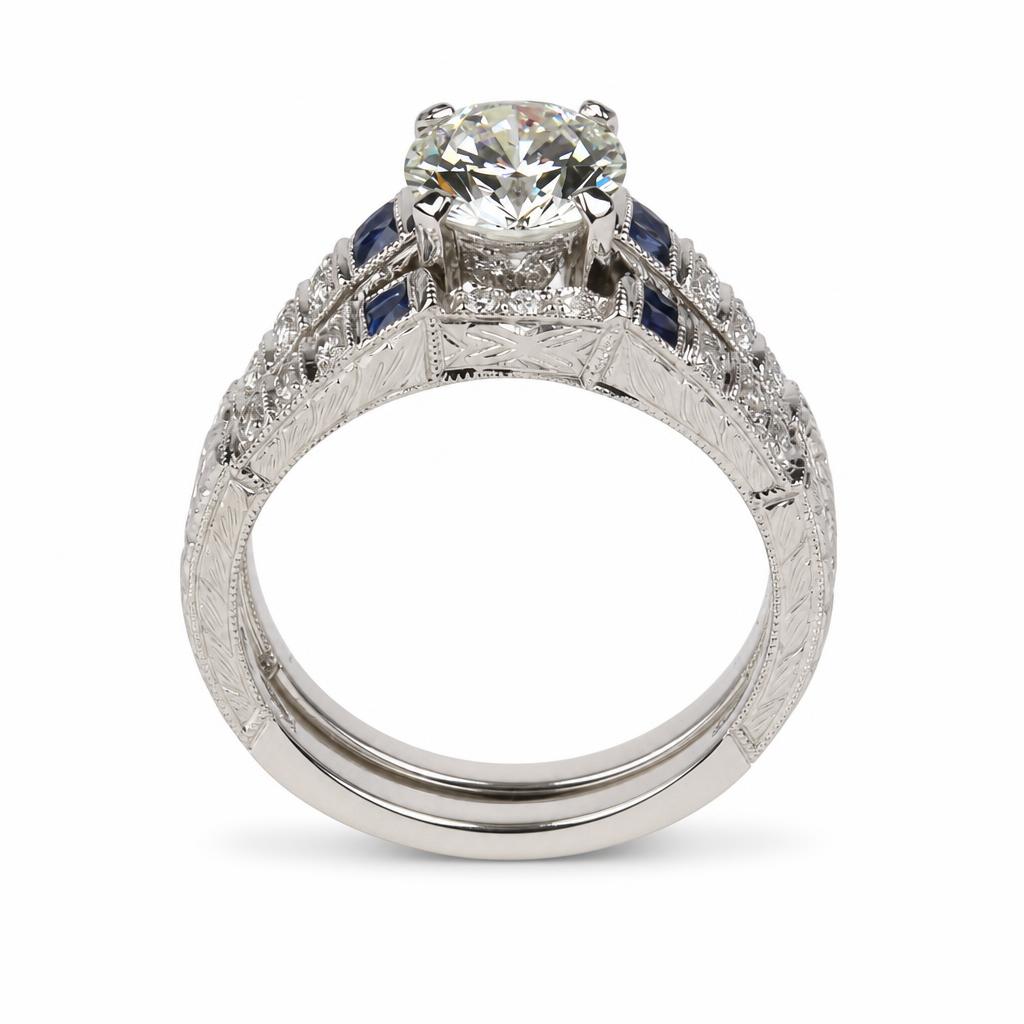 Gallery image of this Women’s 14k White Gold Diamond, Sapphire Bridal Ring Set EGL Cert Size 6.5