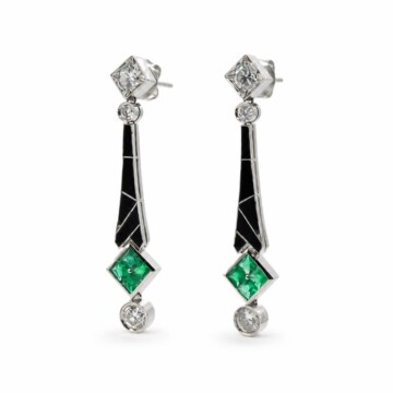 Featured image of this Women’s Platinum, Diamond, Emerald, Onyx Dangle Earrings