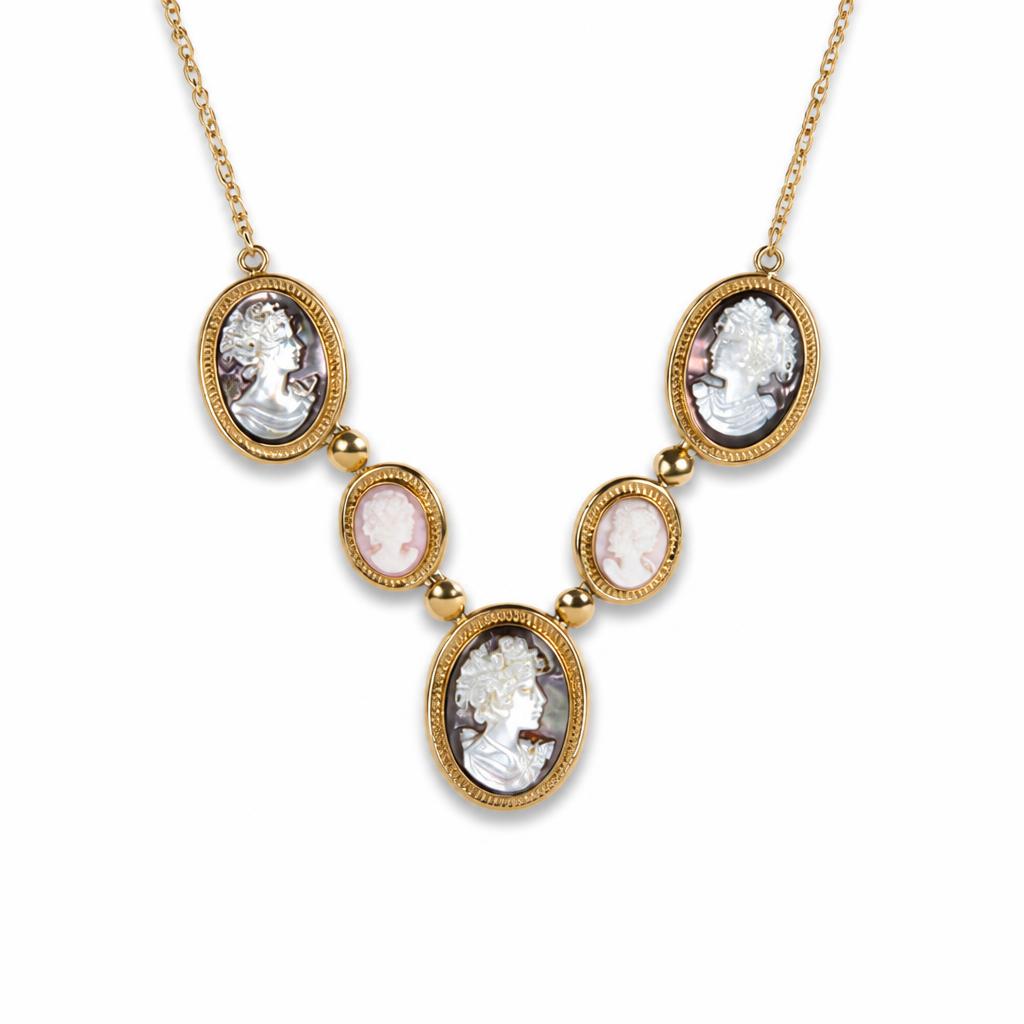 Featured image of this Vintage Women’s 18k Yellow Gold Cameo Pendant Necklace with Coral and Mother of Pearl