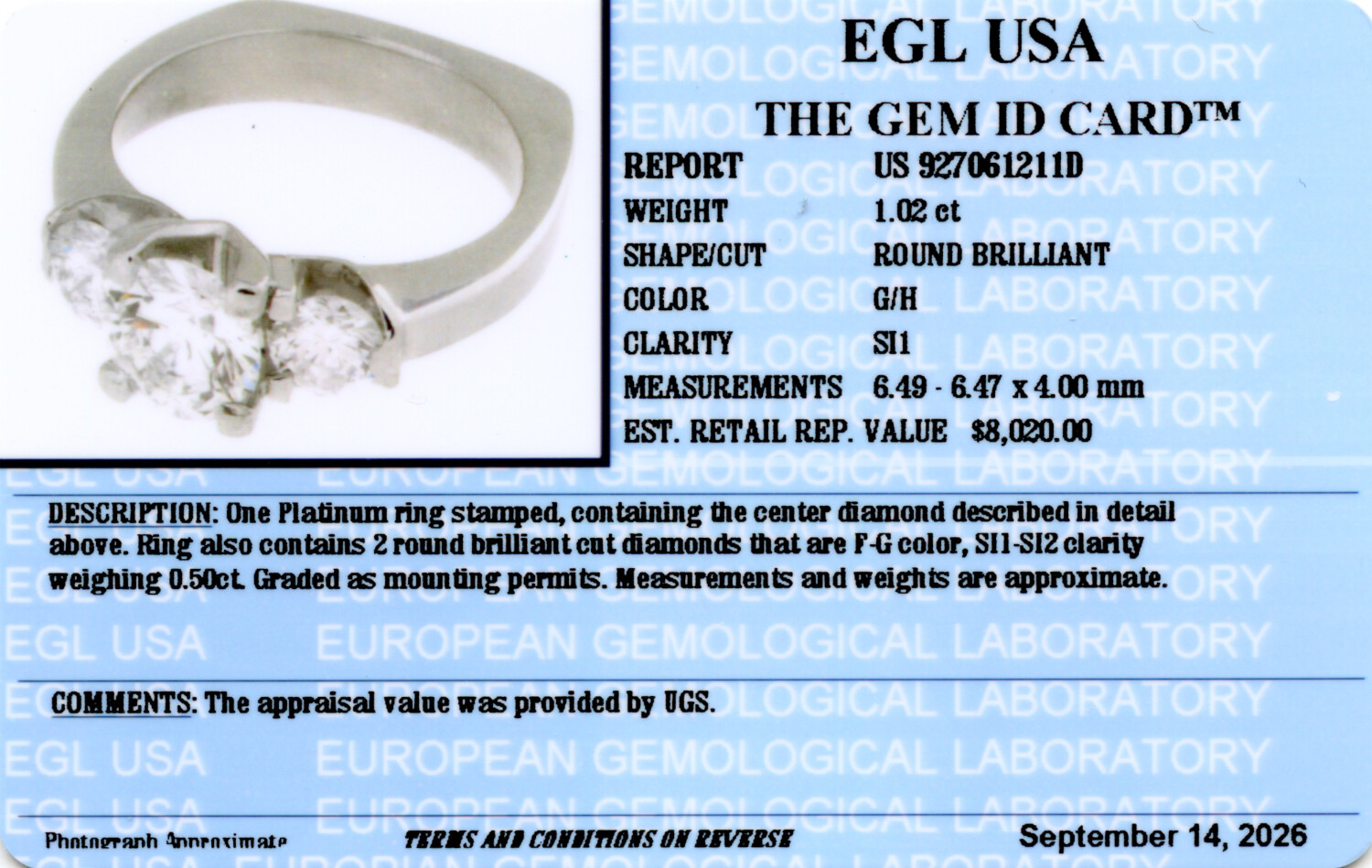 Gallery image of this Women’s Platinum Bridal Ring EGL Certified with 1.02ct Round Brilliant Cut Diamond H/SI1 Size 4.5
