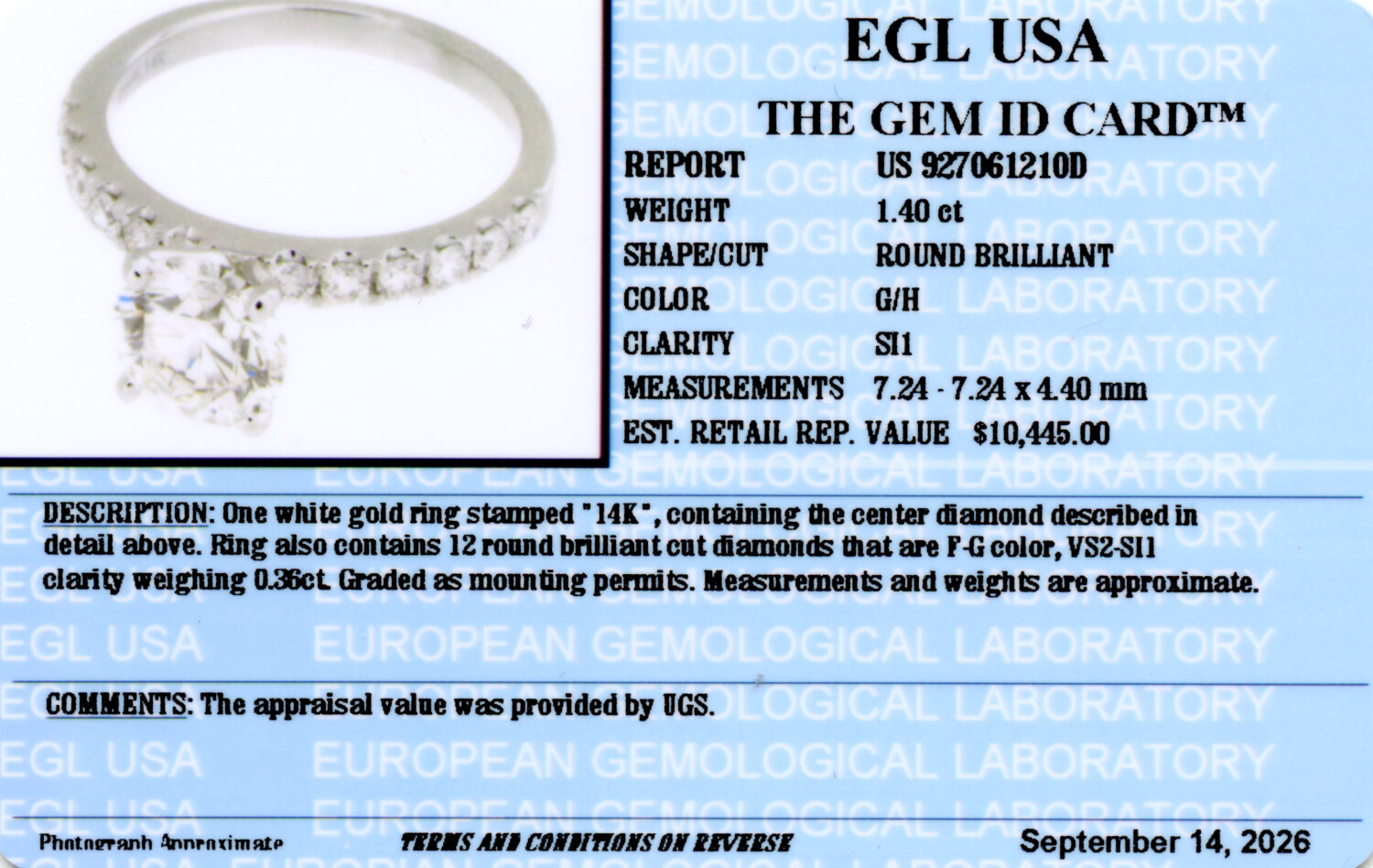 Gallery image of this Women’s 14k White Gold Bridal Ring EGL Certified with 1.40ct Round Diamond G/SI1 Size 7