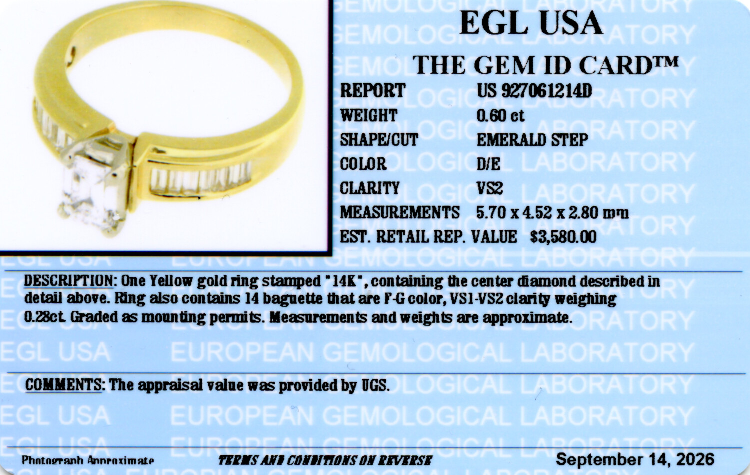 Gallery image of this Women’s 14k Yellow Gold Bridal Ring EGL Certified with 0.60ct Emerald Diamond D/VS2 Size 7