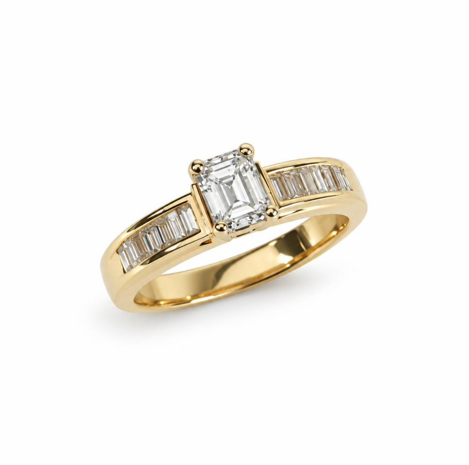 Featured image of this Women’s 14k Yellow Gold Bridal Ring EGL Certified with 0.60ct Emerald Diamond D/VS2 Size 7