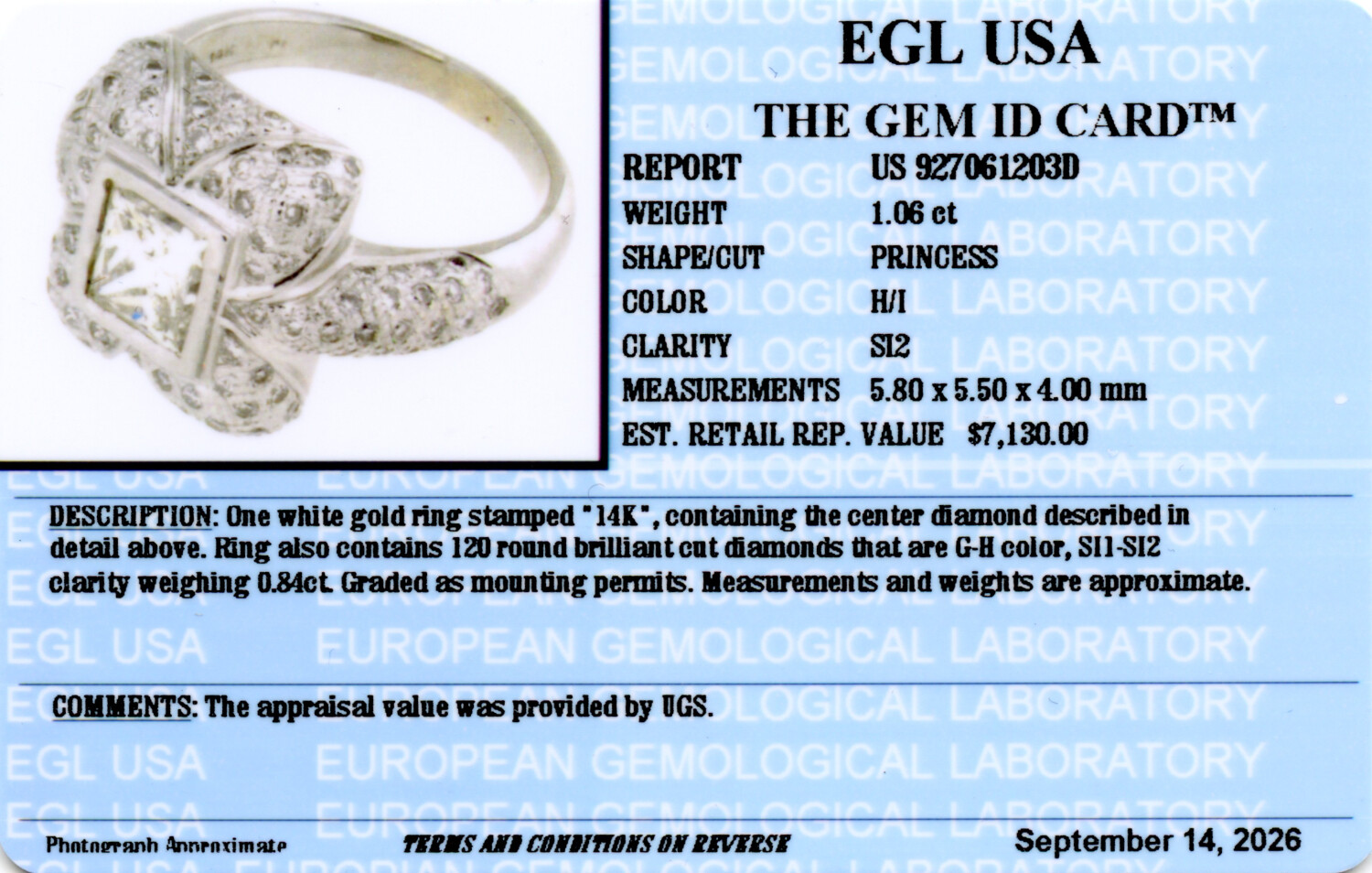Gallery image of this Women’s 14k White Gold Ring EGL Certified with 1.06ct Princess Diamond H/SI2 Size 7