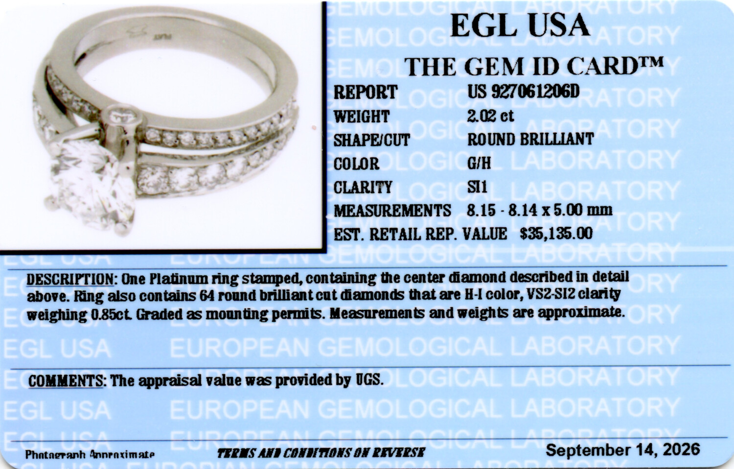 Gallery image of this Women’s 14k White Gold Bridal Ring EGL Certified with 2.02ct Round Diamond G/SI1 Size 6.75